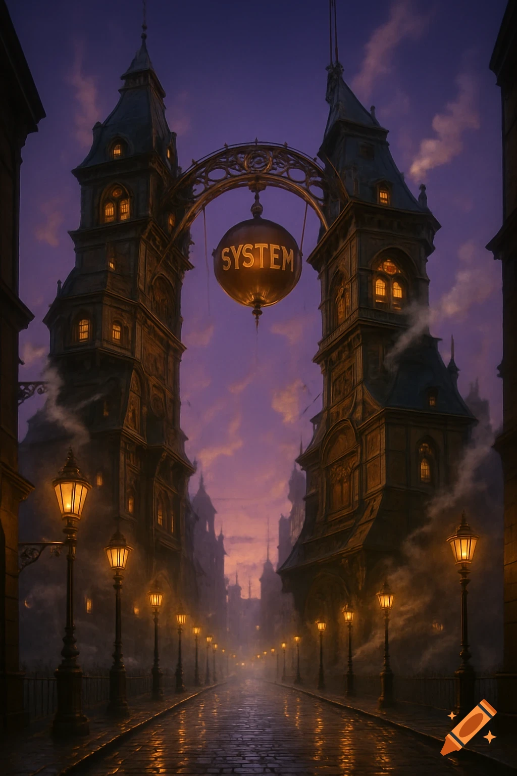 Steampunk city street at dusk, rain-slicked cobblestones reflecting gas lamps. Towers connect via arch holding a glowing 'SYSTEM' sphere.