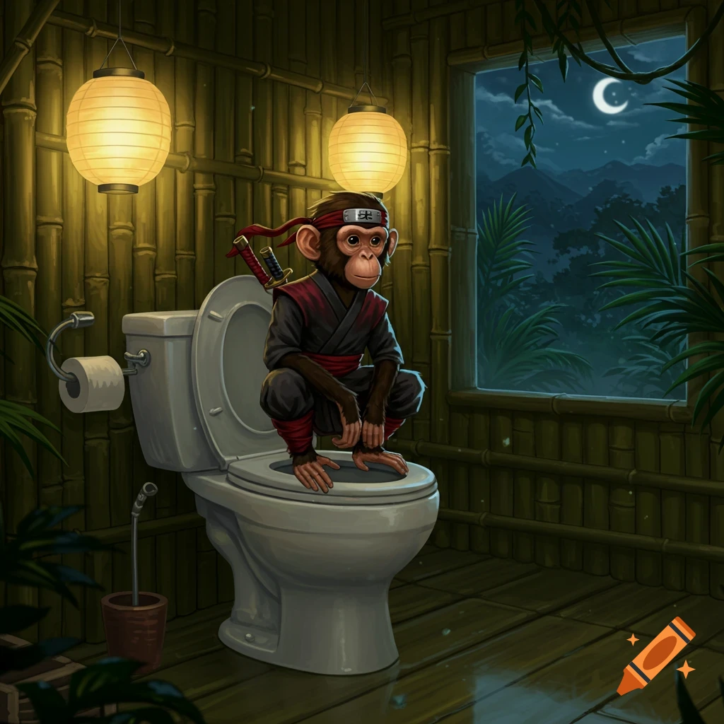 A cartoon ninja monkey wearing a red headband and black gi squats on a toilet in a bamboo-walled bathroom with lanterns and a jungle view at night.
