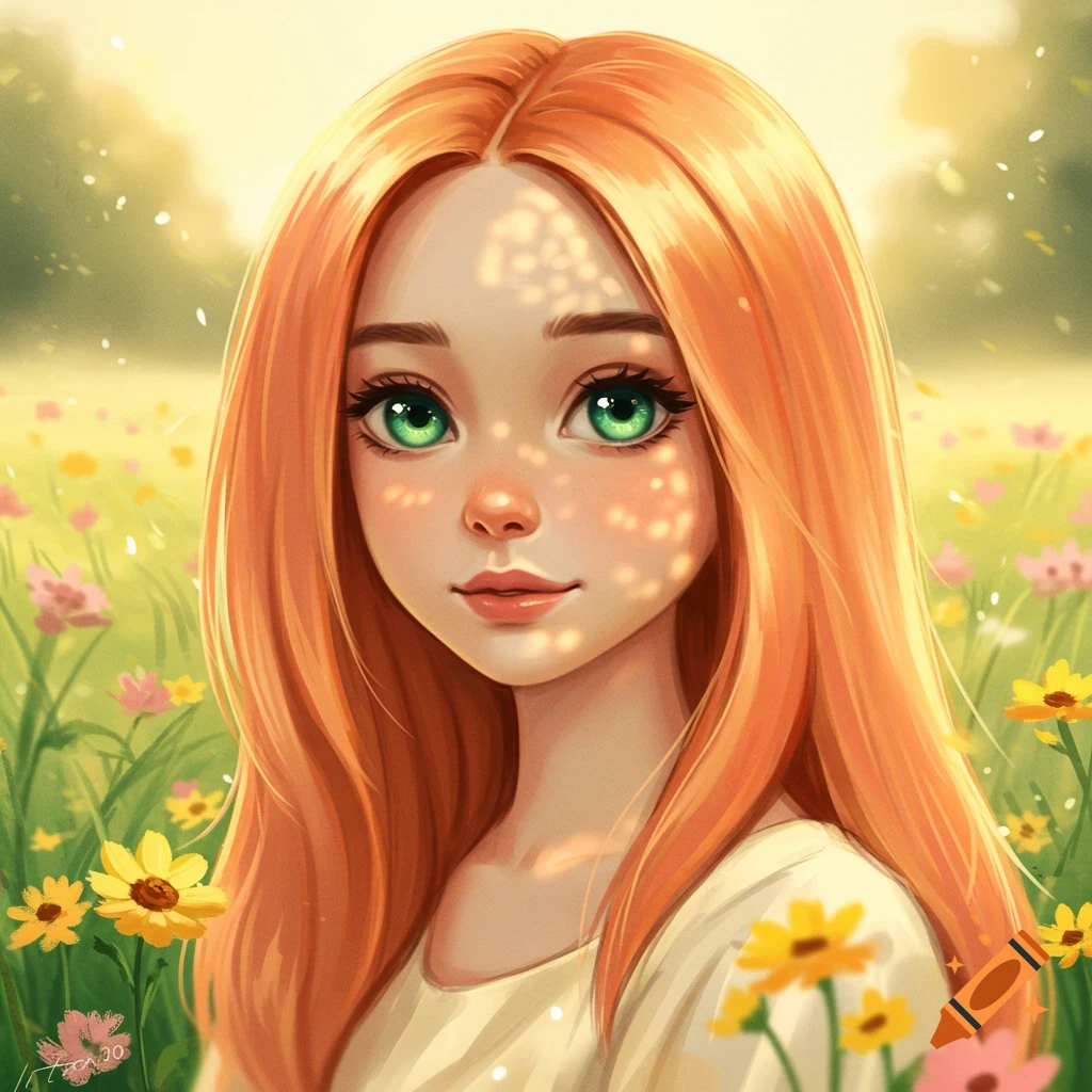Stylized illustration of a young girl with long peach hair and large emerald green eyes, smiling softly in a sunny wildflower field.