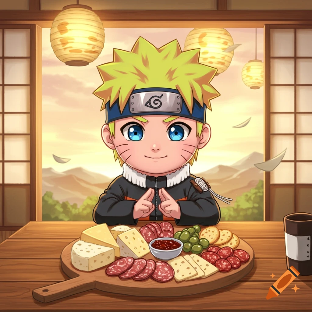 Chibi Naruto sits at a wooden table with a charcuterie board filled with cheese, meats, olives, and crackers, set against a window with a sunset view and lanterns, in an anime style.
