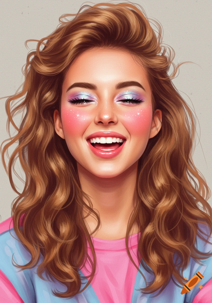 Vibrant digital art portrait of a laughing young woman with wavy brown hair, pastel eyeshadow, pink blush, and an 80s-style top.