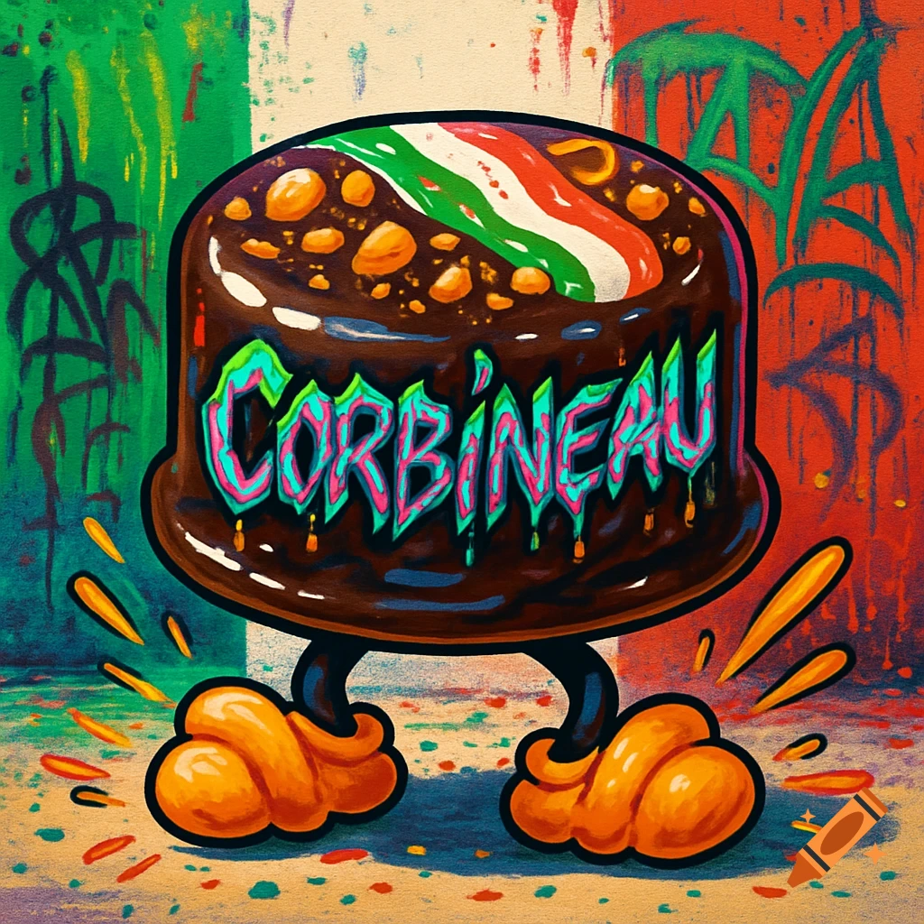 Psychedelic cartoon chocolate cake with Italian flag colors, 'Corbineau' in glitchy graffiti, hazelnut, and croissant feet, on a grunge graffiti wall.
