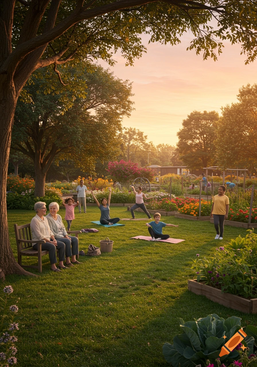 Diverse group of people doing yoga and relaxing in a vibrant community garden at sunset.