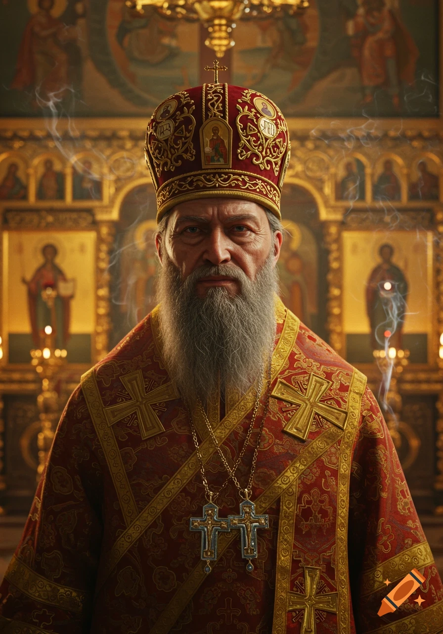 Photorealistic portrait of a stern Russian Orthodox bishop with a grey beard, wearing red and gold vestments and mitre in a church.