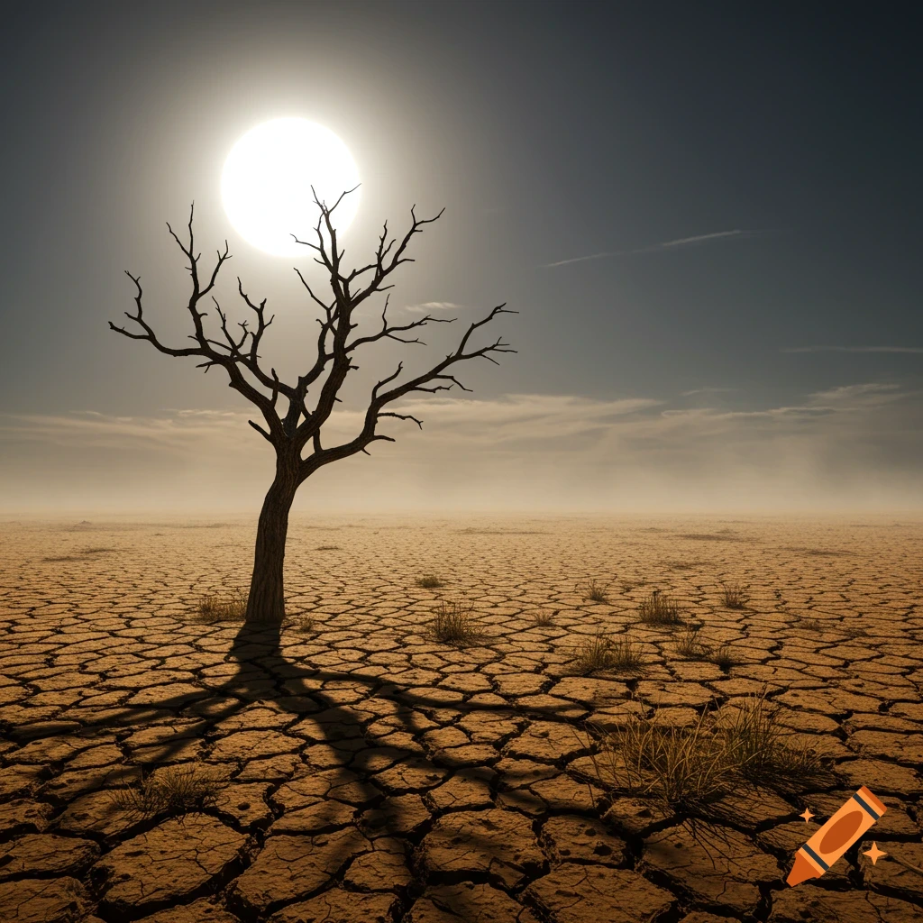 A lone, leafless tree stands in a cracked, dry desert landscape under a bright, hazy sun, casting a long shadow.