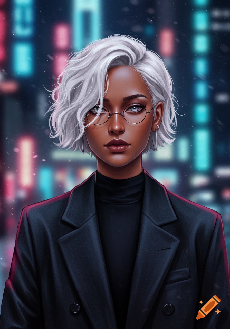Stylized portrait of a dark-skinned woman with short white wavy hair, round glasses, and light blue eyes, wearing a black blazer, against a blurred neon city background.