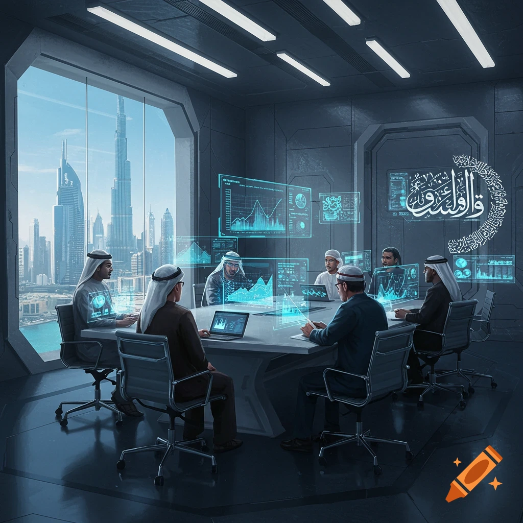 Men in traditional Arabic attire sit around a modern meeting table with holographic displays, overlooking a futuristic city skyline featuring the Burj Khalifa. Stylized Arabic calligraphy adorns the wall.