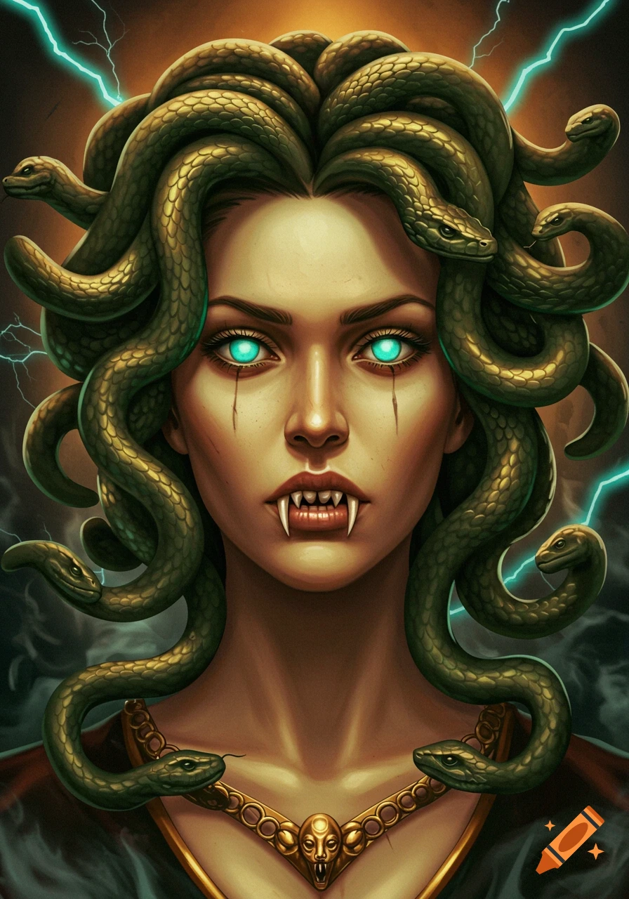 Close-up portrait of Medusa with glowing cyan eyes, sharp fangs, and snakes for hair, against a dark, stormy background.