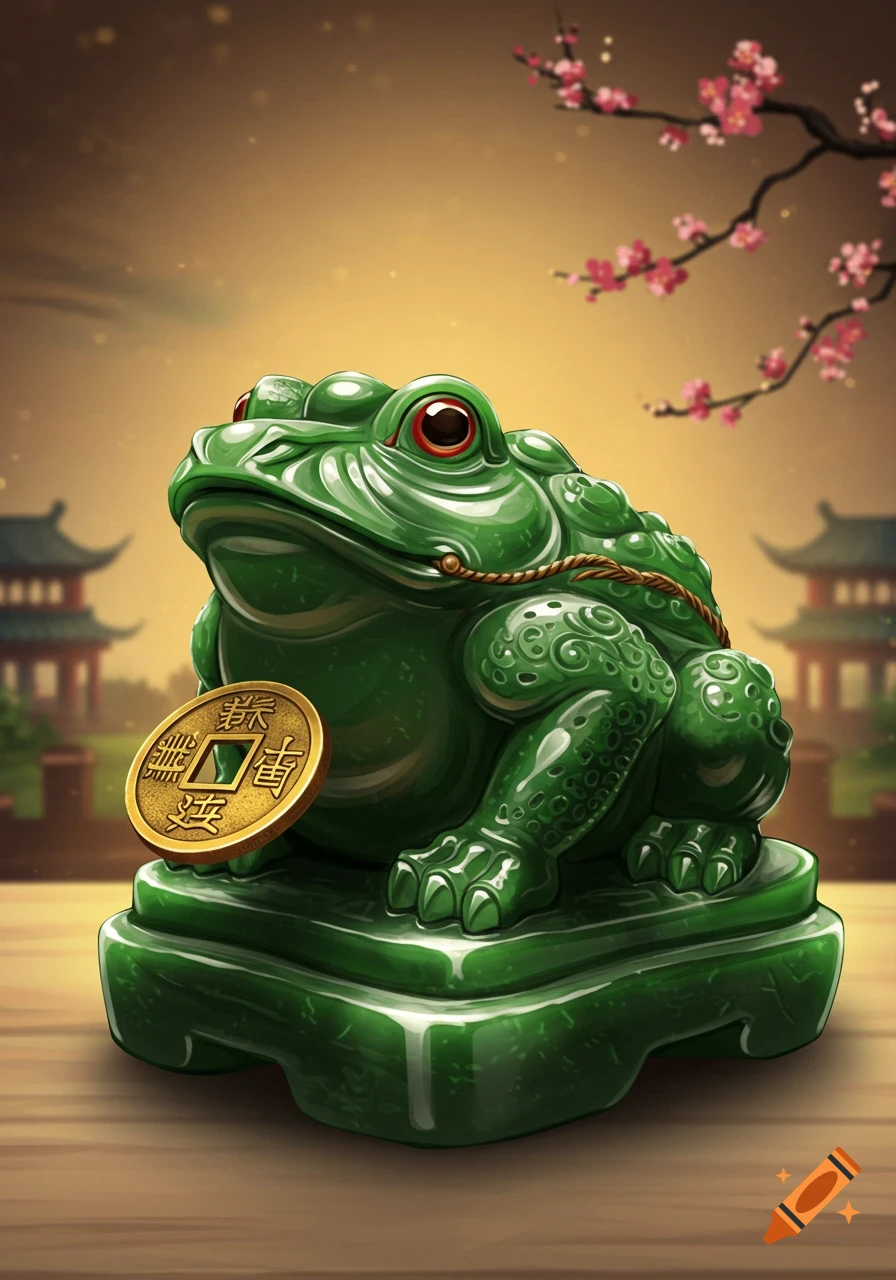A vibrant green jade fortune frog statue holds a gold Chinese coin, with traditional pagodas and cherry blossoms in the background.
