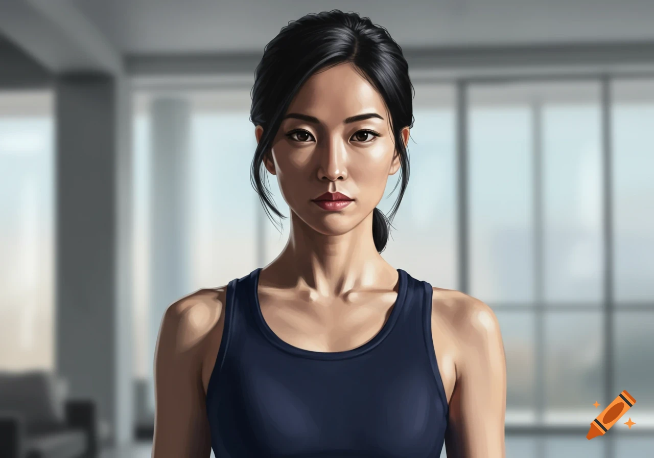 Close-up portrait of a serious Asian woman with dark hair in a bun, wearing a navy blue tank top.