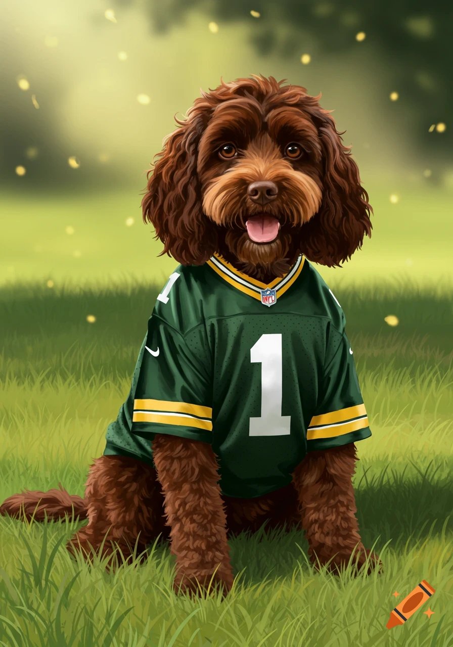 A cartoon Boykin Spaniel dog wearing a green and yellow Green Bay Packers jersey with the number '1' on it, sitting in green grass with a blurry light green background.