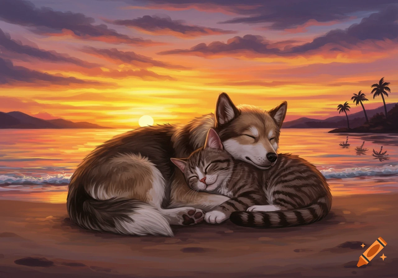 An illustration of a dog and a cat sleeping peacefully, cuddling on a sandy beach at sunset with palm trees in the background.