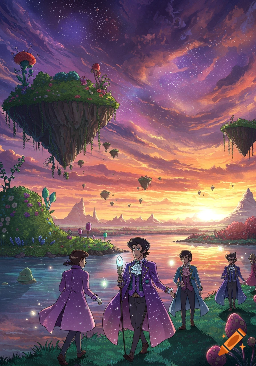 Anime fantasy landscape with men in purple coats by a lake, floating islands, and a vibrant sunset sky filled with stars.