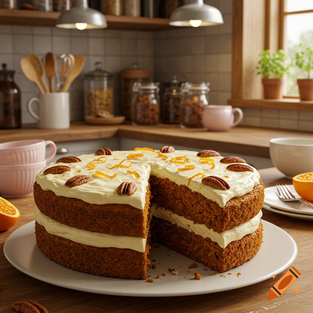 A two-layer carrot cake with white frosting, pecans, and orange zest on a white plate in a kitchen, with a slice removed.