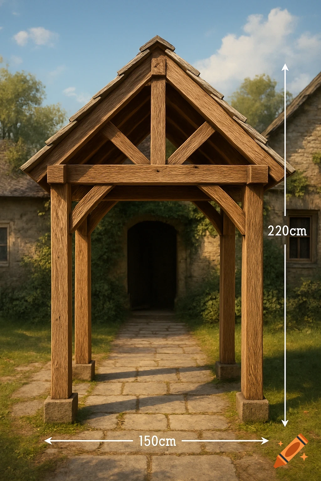 Photorealistic image of a rustic wooden porch with a gabled roof and measurement annotations of 150cm width and 220cm height.