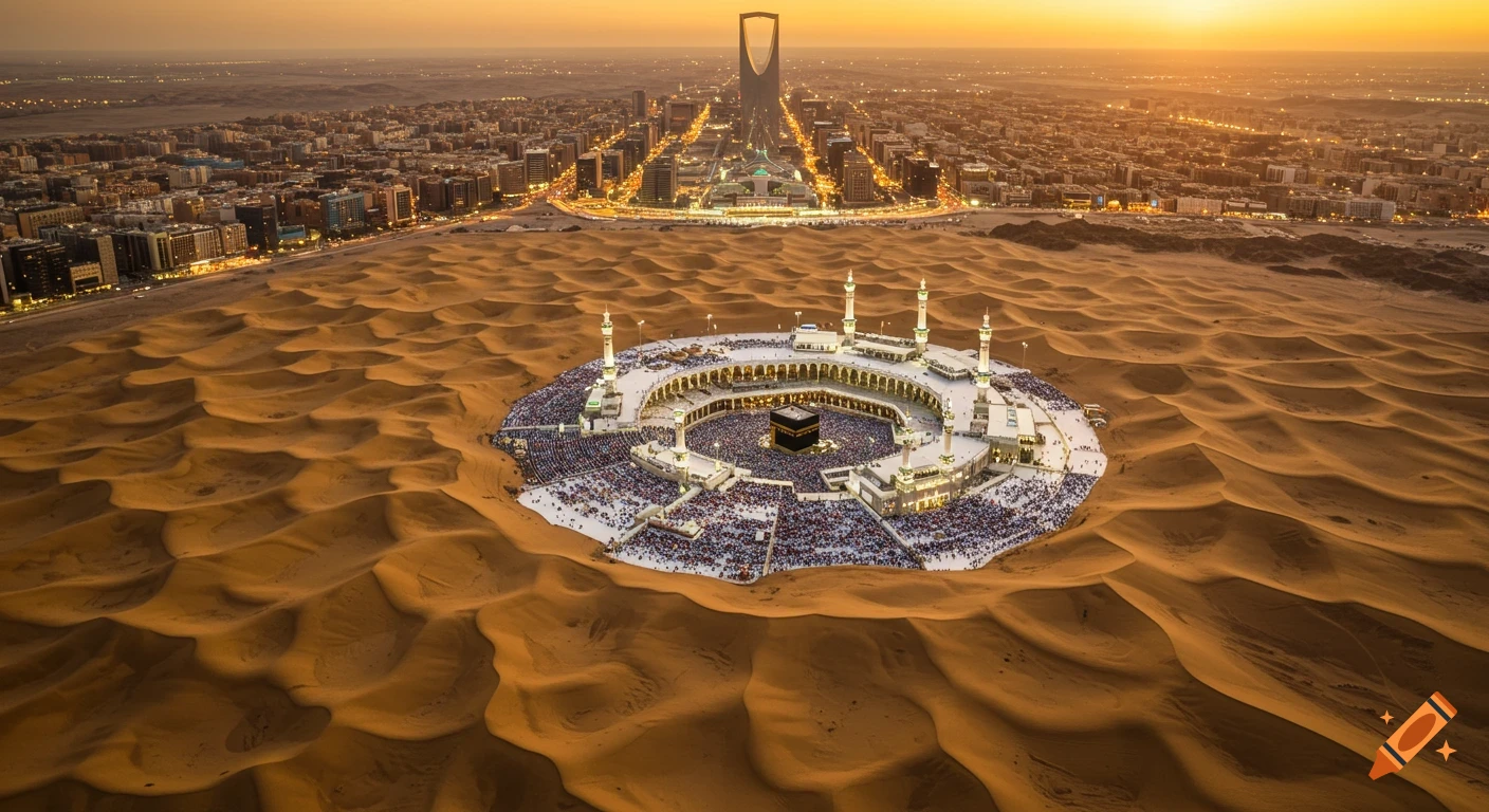 Aerial view of Masjid al-Haram with thousands of pilgrims surrounding the Kaaba, golden sand dunes, and a distant city skyline at sunset.