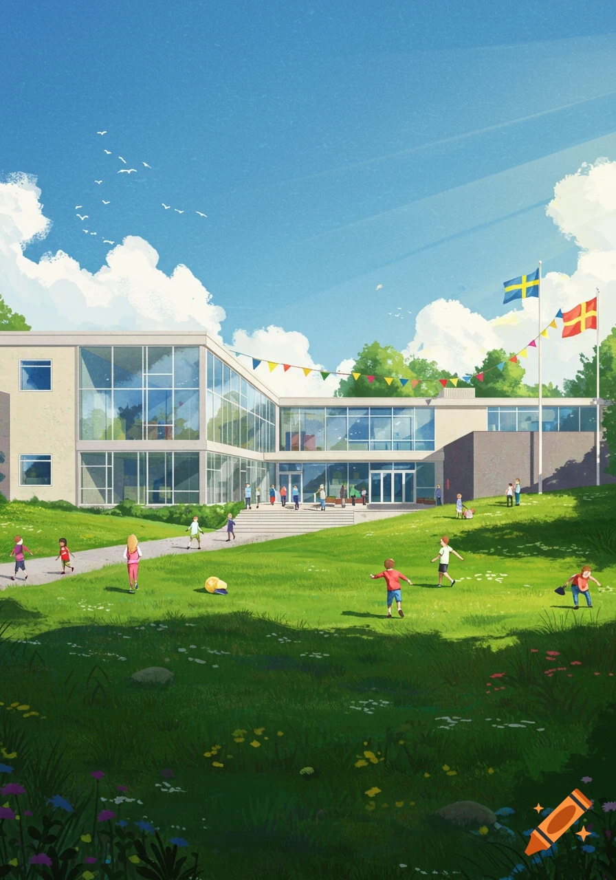 A cartoon illustration of a school with children playing on a sunny green lawn, flying Swedish and Åland flags.