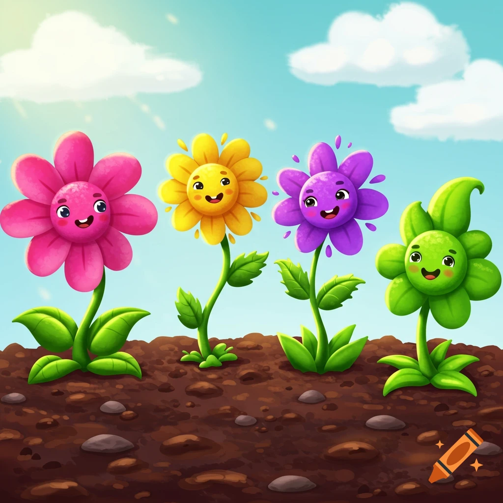 Four happy, colorful cartoon flowers with smiling faces growing in soil under a blue sky with white clouds.