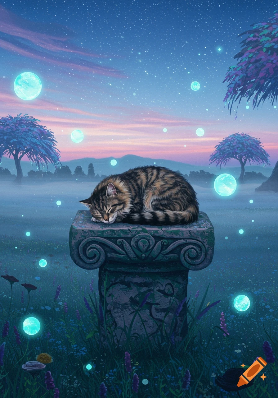 A tabby cat sleeps on a stone pedestal in a magical, misty field with glowing orbs and mystical trees under a starry twilight sky.