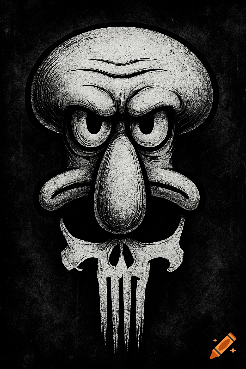 Stylized black and white drawing of Squidward's face merged with The Punisher skull logo, charcoal sketch style.