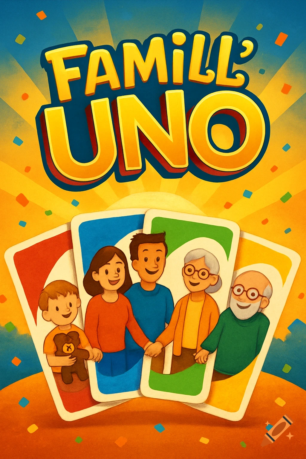 A colorful, cartoon-style game cover features the title FAMILL'UNO above a diverse family holding hands on game cards. Confetti dots the background.