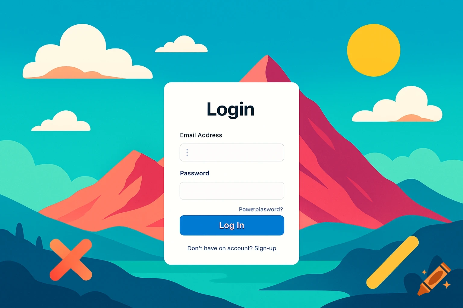 Vibrant flat design login page with input fields and a 'Log In' button, set against a colorful mountain landscape under a bright sun.