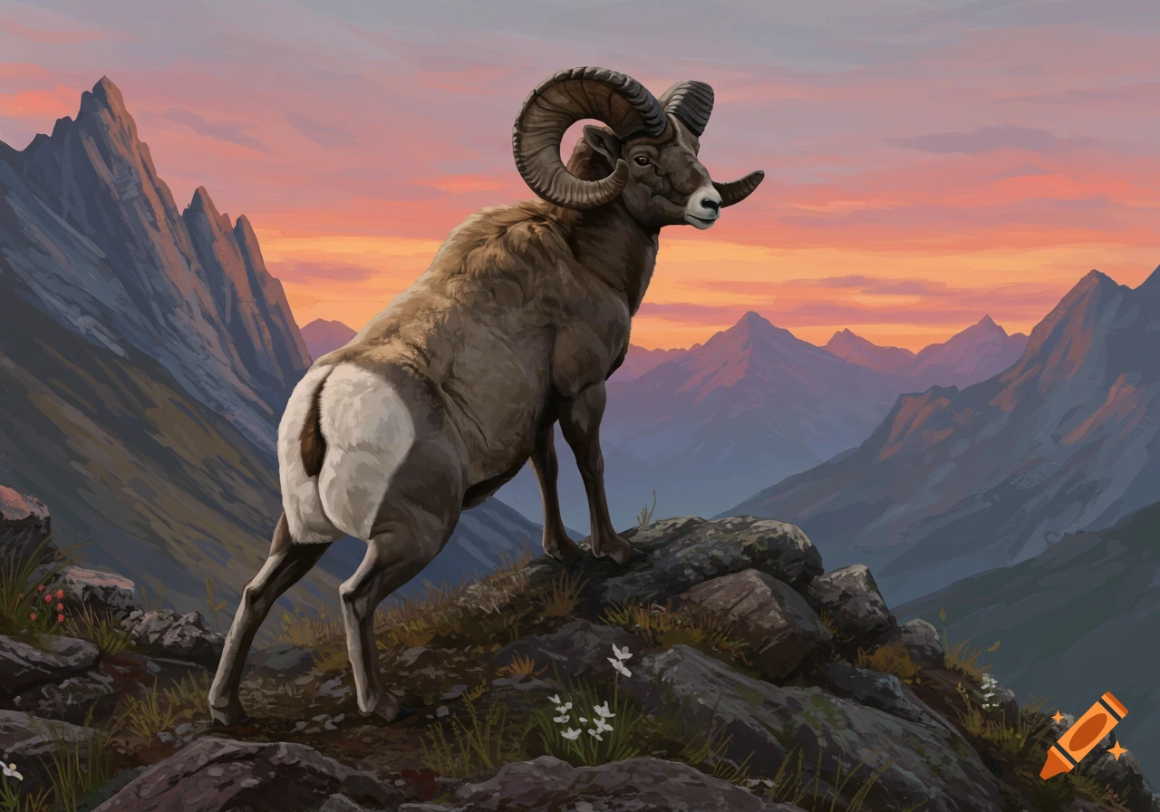 A bighorn ram stands majestically on a rocky mountain peak at sunset, looking into the distance. Digital painting.