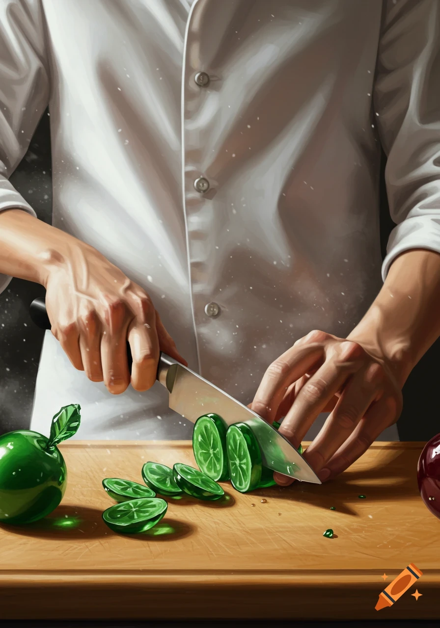 A chef's hands cut vibrant green glass-like fruit on a wooden cutting board.