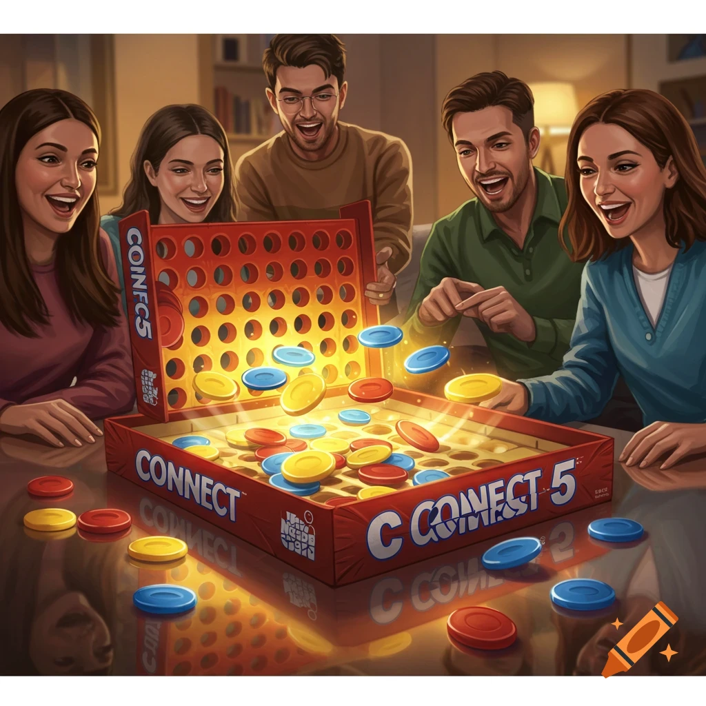 A group of diverse friends joyfully playing a glowing Connect 5 board game with red, blue, and yellow discs, in an illustrative painting style.