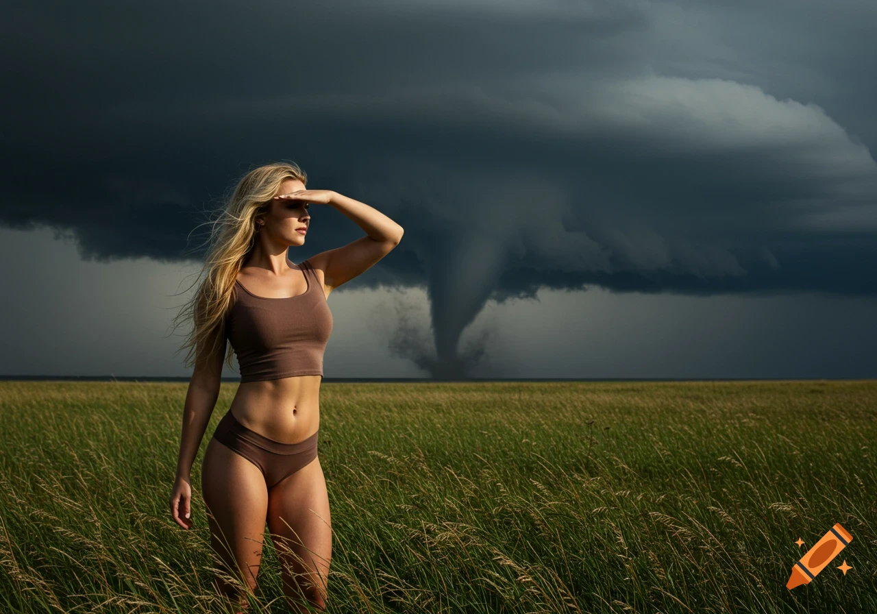 A blonde woman in a crop top and shorts stands in a windy green field, looking towards a tornado under dark storm clouds.