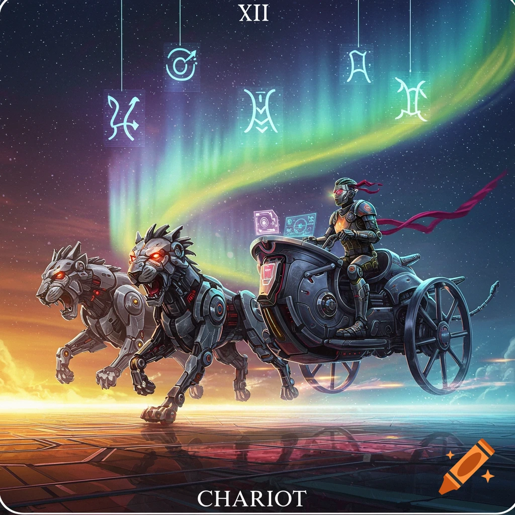 A futuristic driver in armor commands a high-tech chariot pulled by two robotic lions under an aurora borealis sky with glowing symbols.