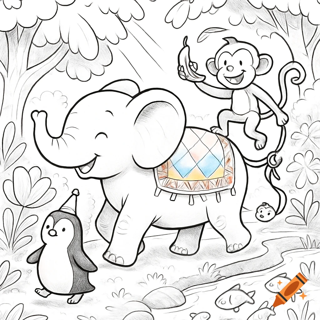 A happy elephant walks with a penguin while a monkey rides its back holding a banana, in a jungle coloring book outline drawing.