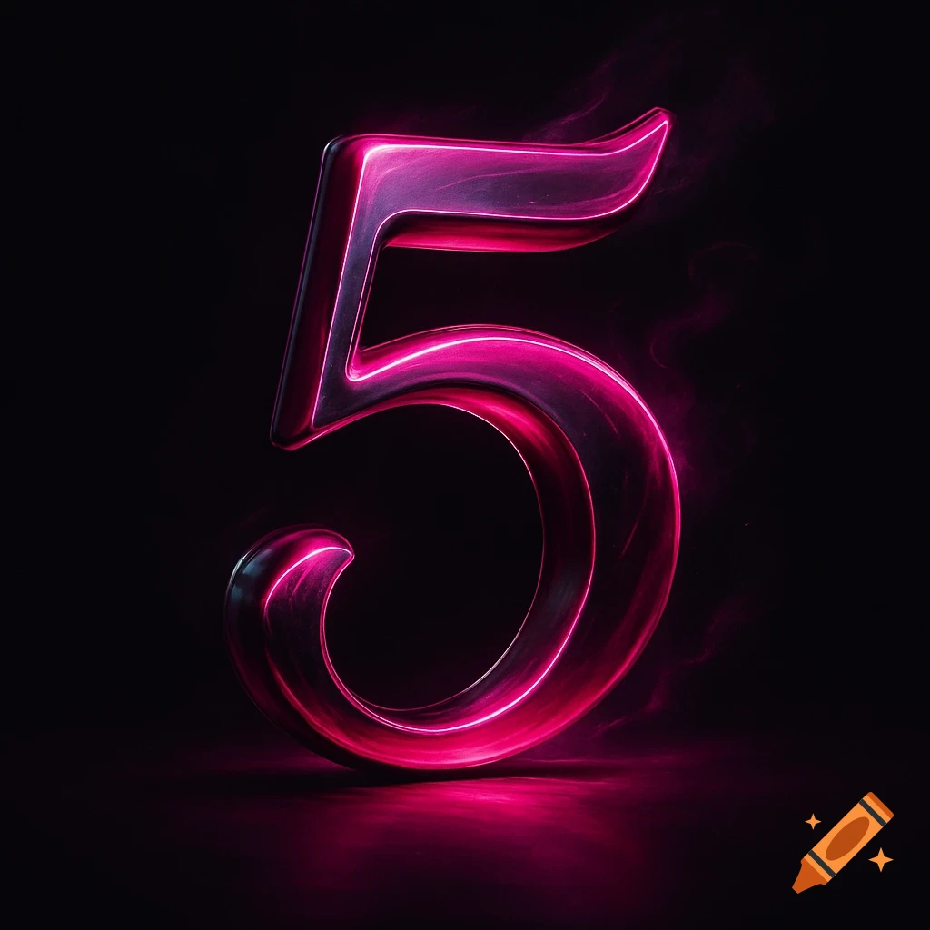 A glowing magenta number 5 stands on a dark surface against a black background.