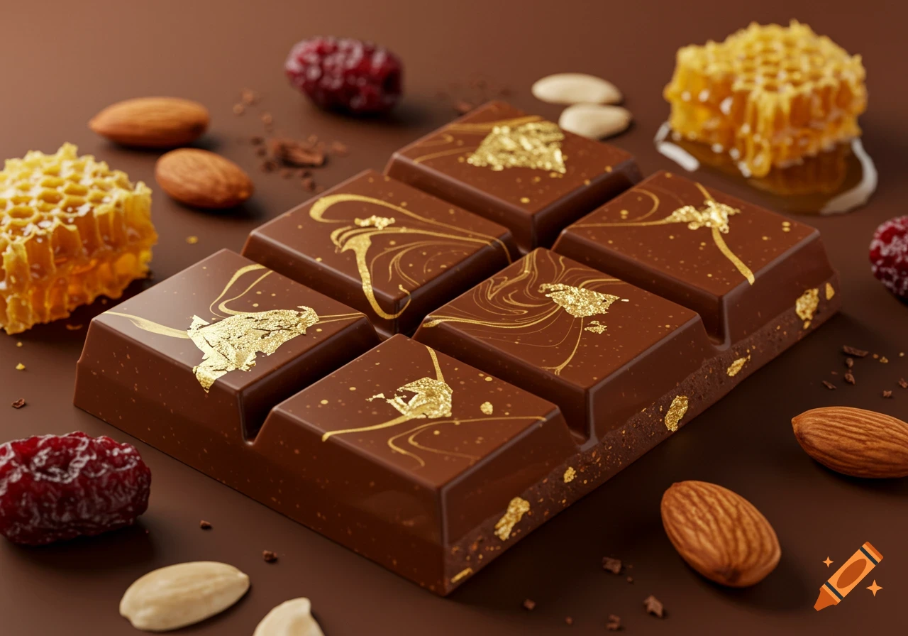 Photorealistic close-up of a chocolate bar decorated with gold leaf, surrounded by almonds, dried cranberries, and honeycomb on a brown surface.