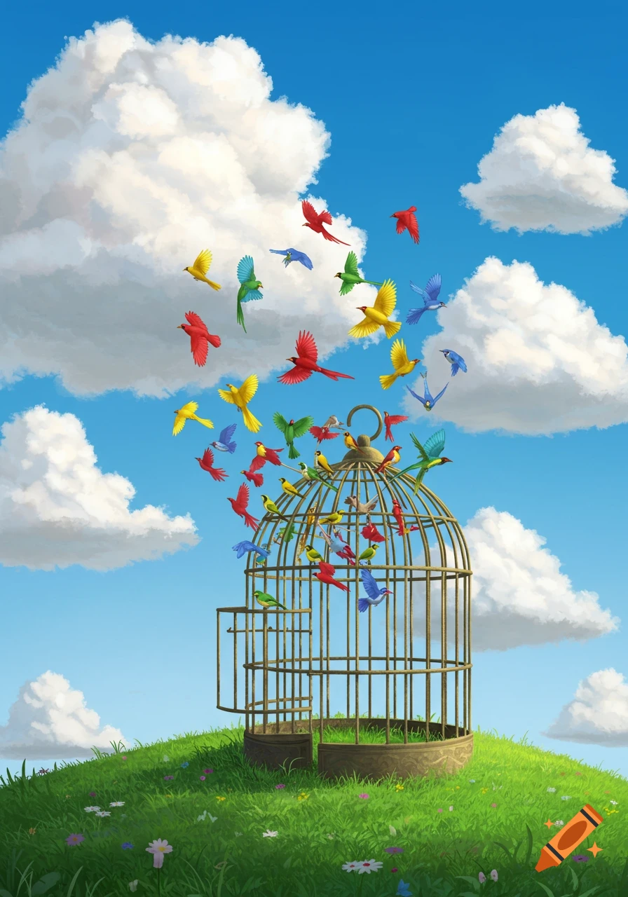 Colorful birds flying out of an open birdcage on a grassy hill, under a blue sky with white clouds, in an illustrative style.