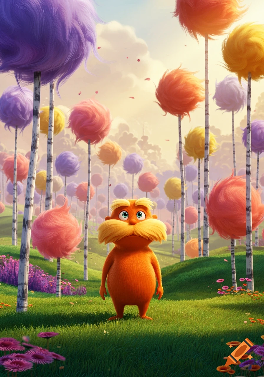The Lorax stands in a vibrant, whimsical forest filled with fluffy, colorful Truffula trees under a bright sky, in a stylized, animated quality.