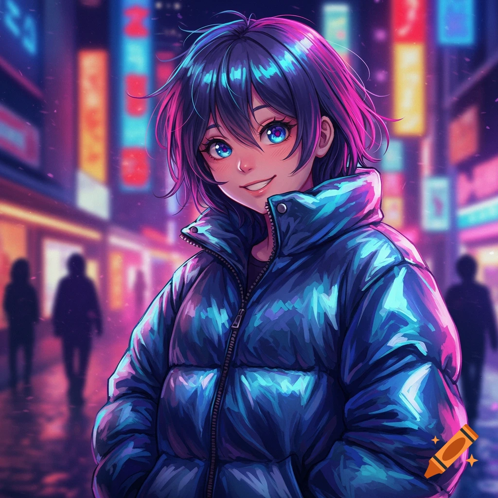 An anime girl with blue hair and glowing blue eyes smiles while wearing an oversized puffy blue and pink jacket on a neon-lit city street at night.