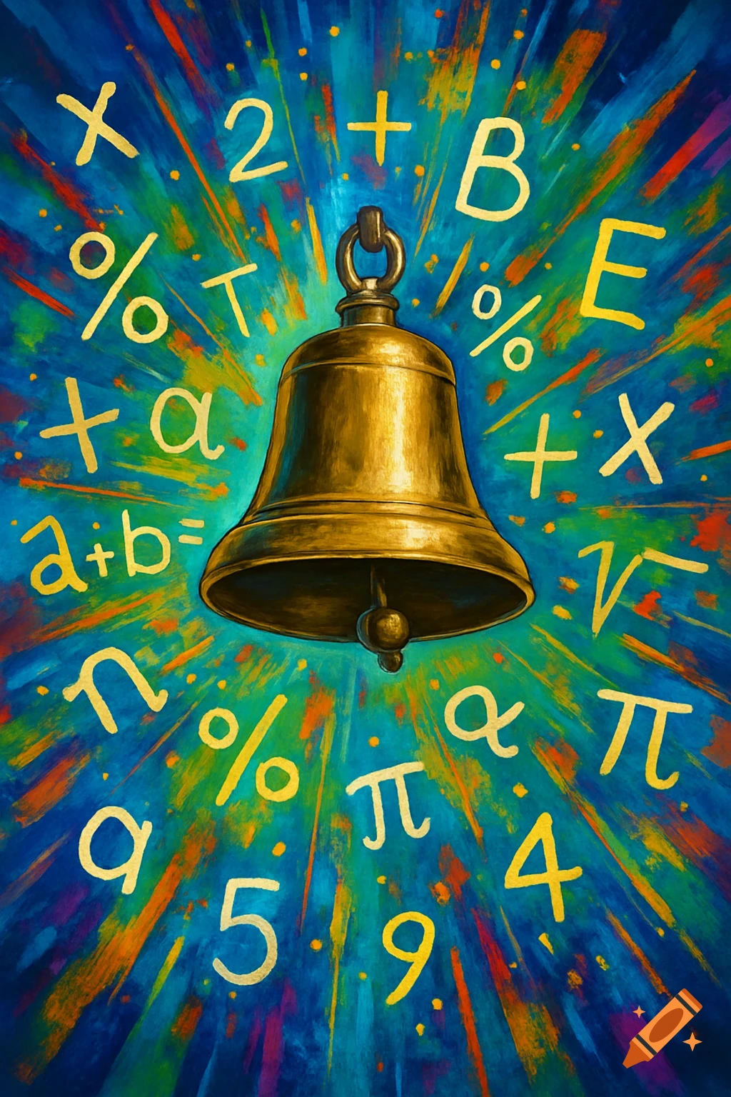 A golden bell floats amidst a vibrant burst of mathematical symbols and numbers, rendered in a painterly style.