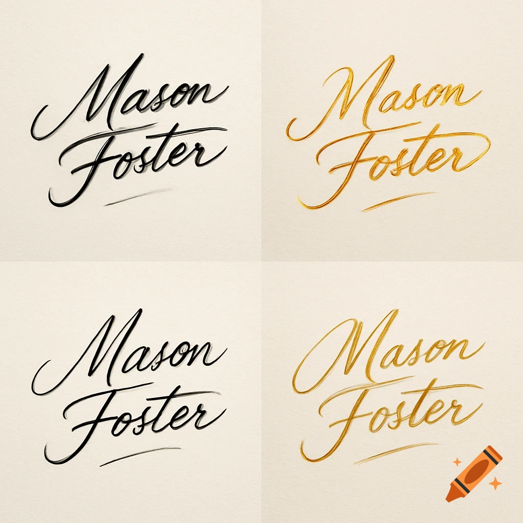 Four elegant script signatures for "Mason Foster" in black and gold on a light textured background.