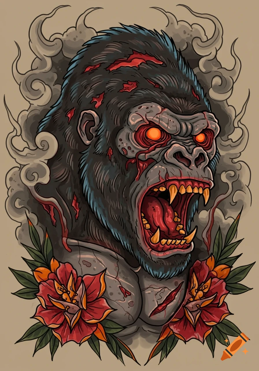 Stylized undead gorilla head in traditional tattoo art style, with glowing red eyes, bared fangs, surrounded by smoke and red flowers.