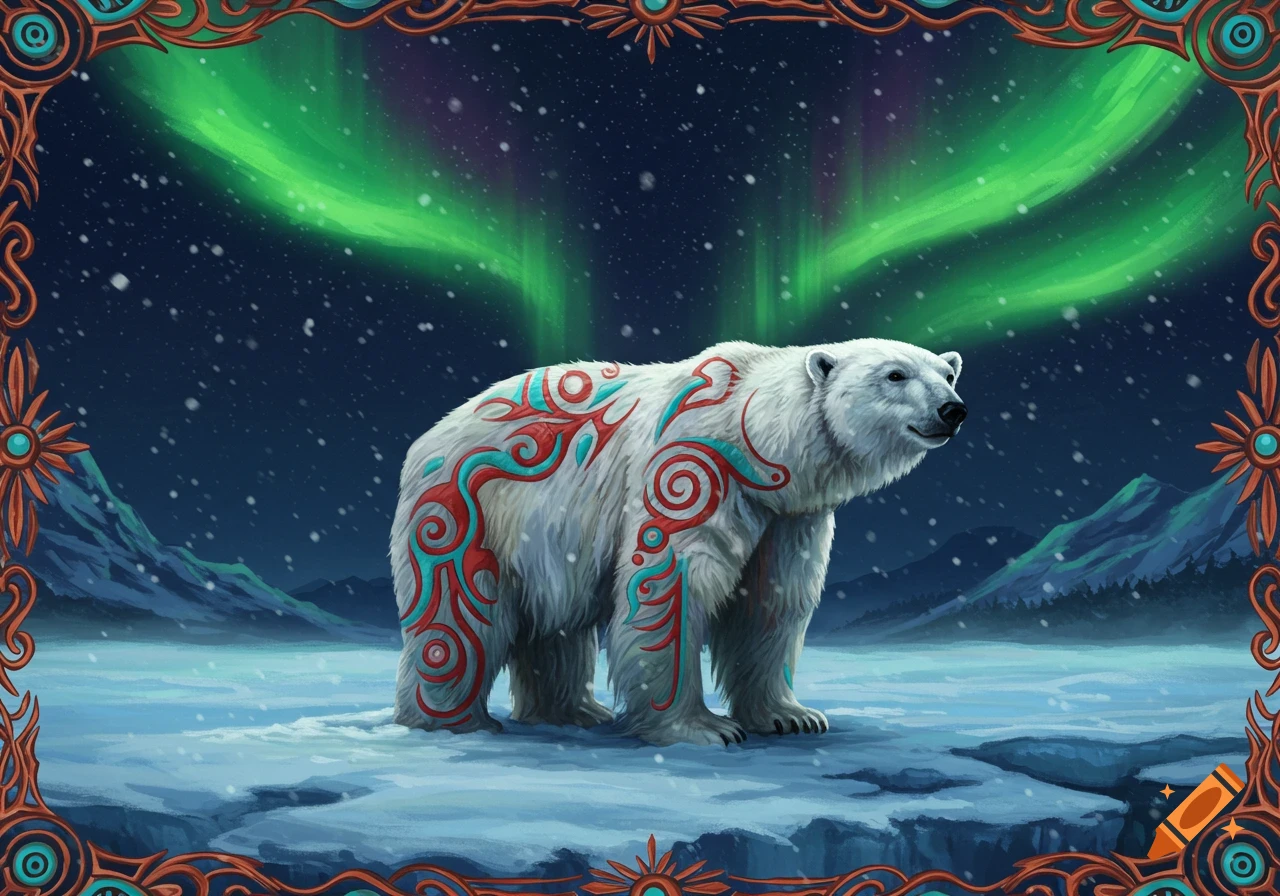 A stylized polar bear with red and blue indigenous patterns on an icy plain under green aurora borealis, with an ornate frame.