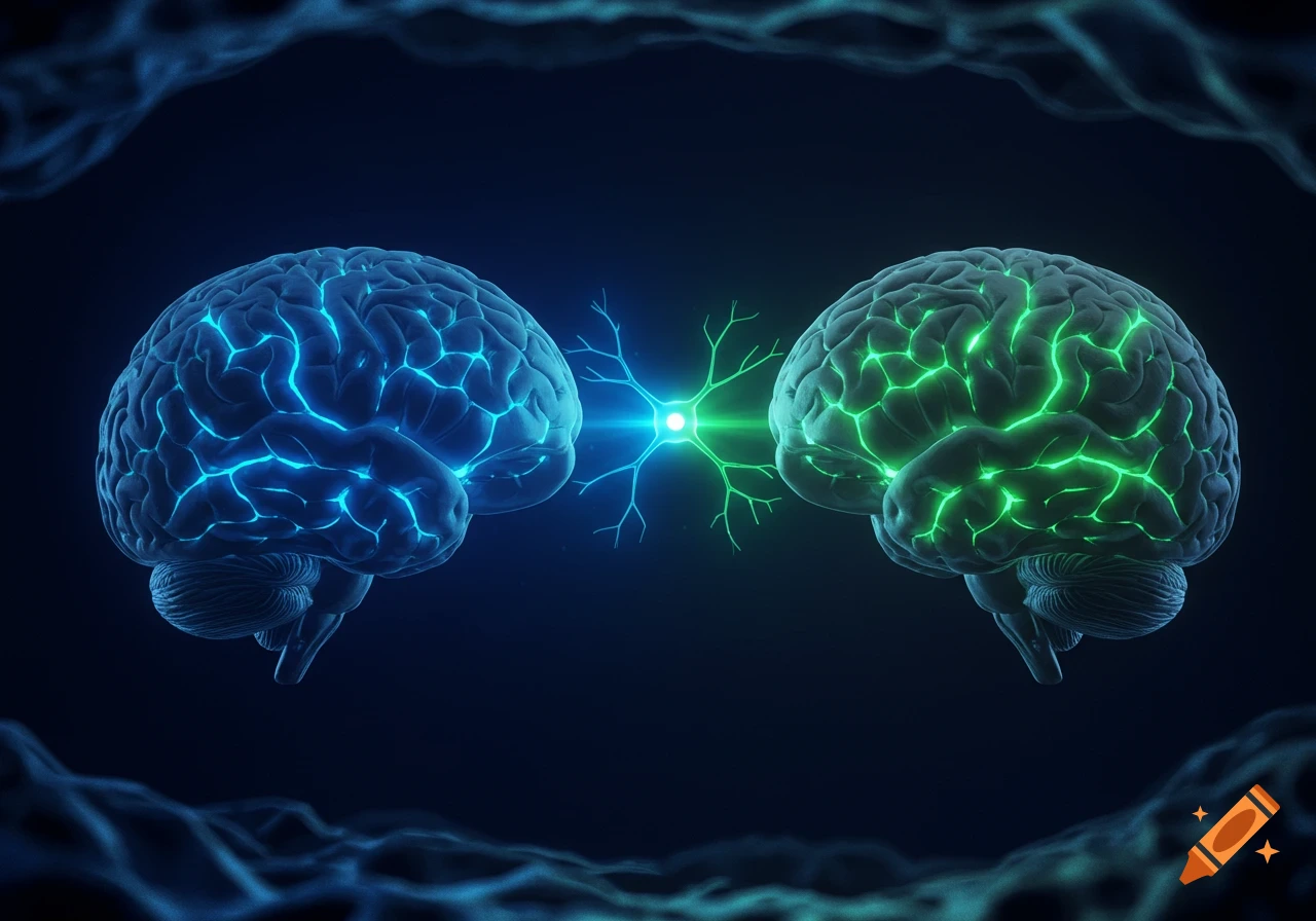 Two glowing brains, one blue and one green, connected by a central neuron on a dark background.