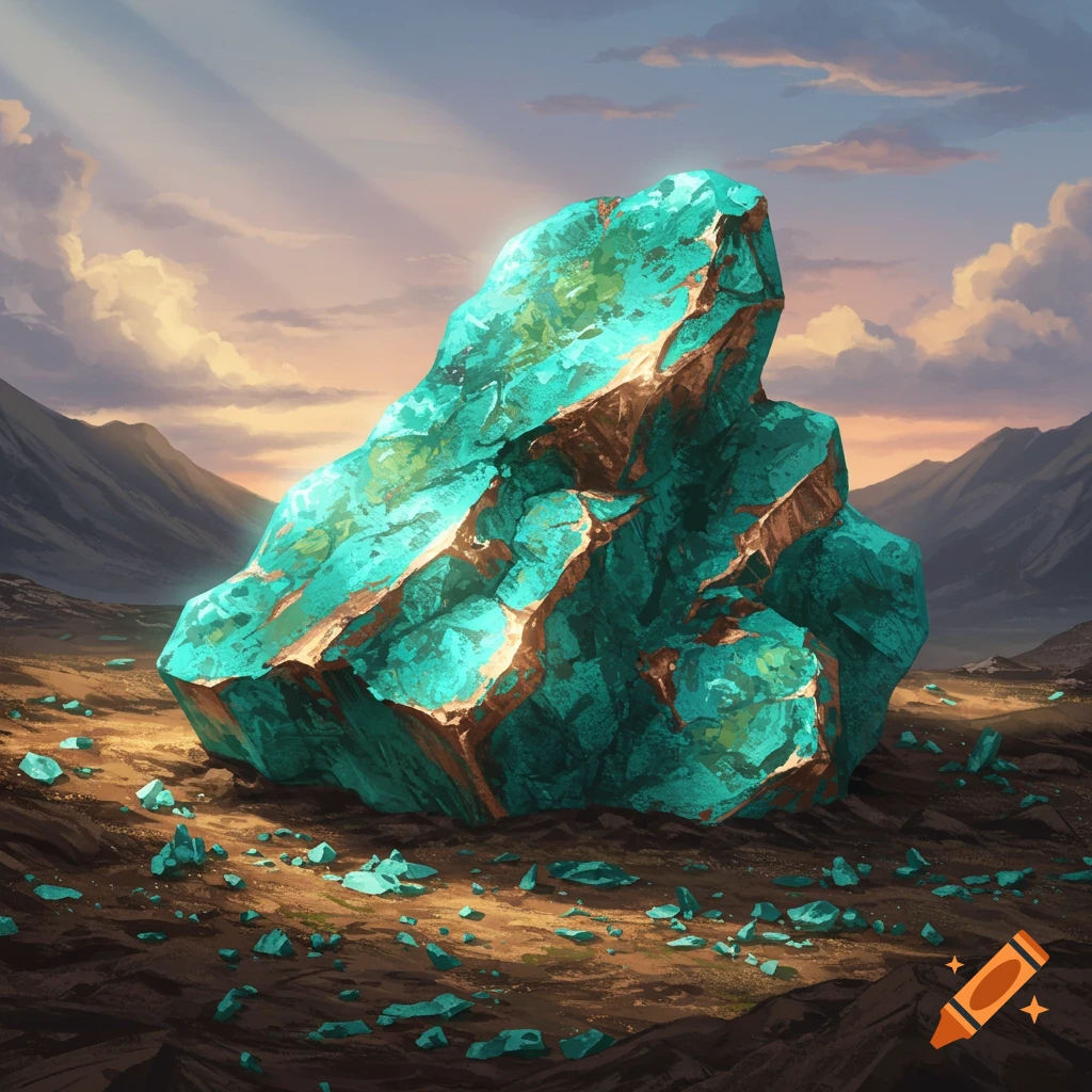 A large, glowing turquoise and copper ore rock sits in a desolate, mountainous landscape under a cloudy sky.