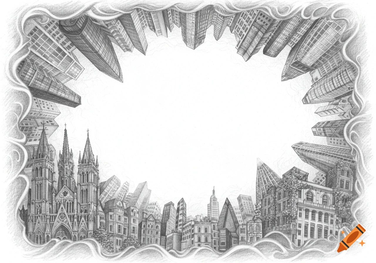Pencil drawing of an architectural cityscape forming an oval frame around a white center. Modern skyscrapers and older buildings are depicted with detailed shading.