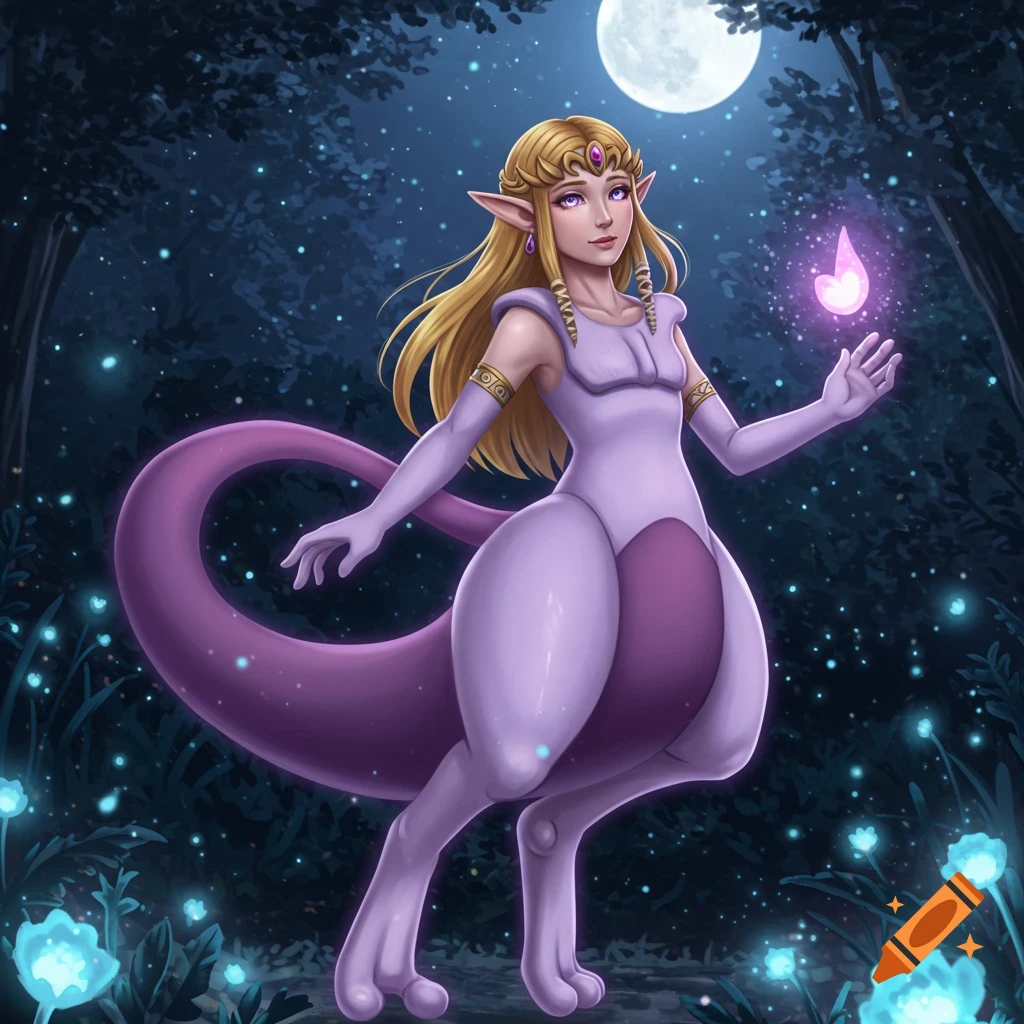 A fantasy illustration of a Zelda-Mewtwo character in a purple costume, conjuring magic in a moonlit forest with glowing blue flowers.