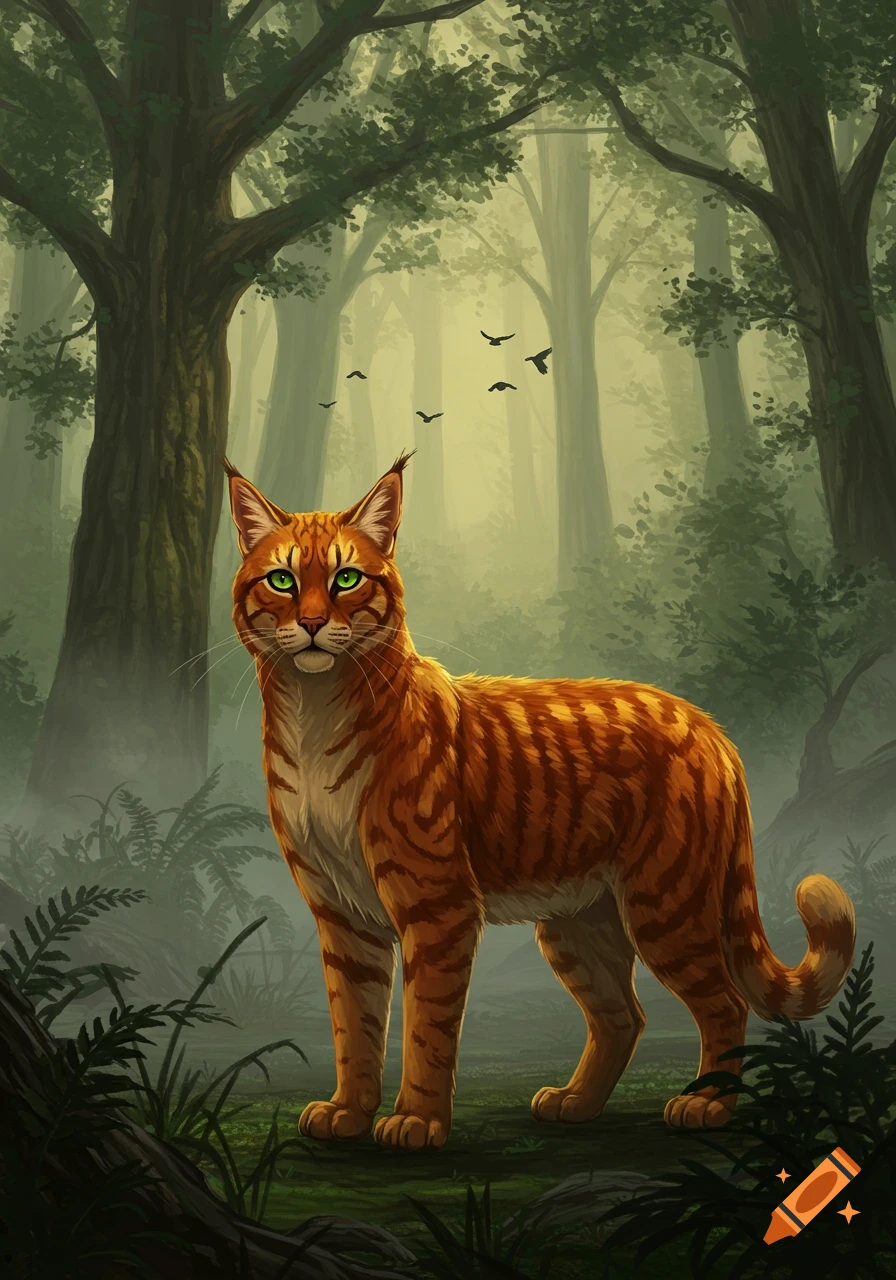 An orange tabby cat with bright green eyes stands in a misty, green forest, with birds flying in the background. Digital painting.