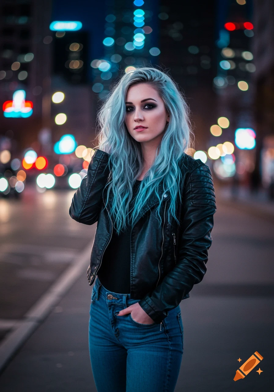 A woman with blue hair and a leather jacket stands on a city street at night with blurry bokeh lights.