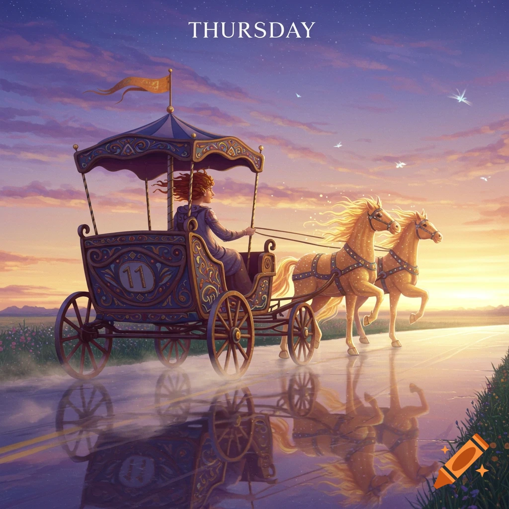 Fantasy illustration of a person in an ornate carriage pulled by two golden horses on a wet road at sunset, with 'THURSDAY' at the top.
