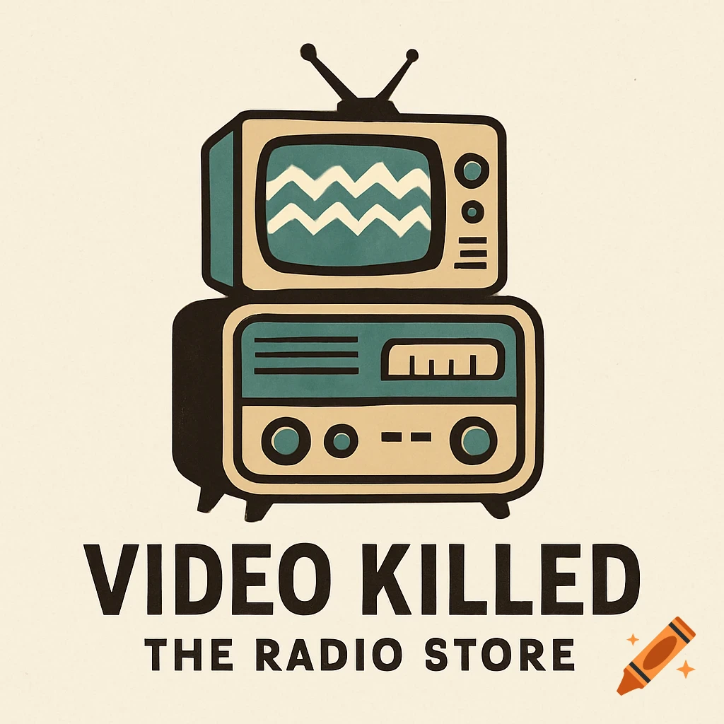 A vintage-style logo with a television stacked on a radio, and the text "Video Killed The Radio Store" below.