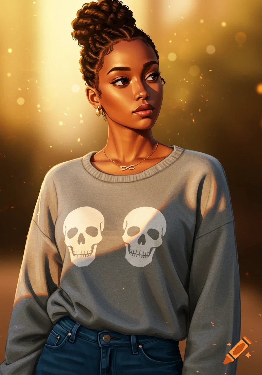 Digital art portrait of a woman with a braided bun, gold earrings, infinity necklace, gray skull sweater, and blue jeans, bathed in golden light.